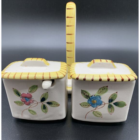 Vintage Floral Flowers Jam Jelly condiment jar Spoons and Handled Tray Yellow - Picture 2 of 7